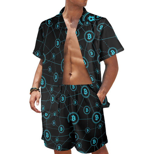 Cryptocurrency Pattern Print Design 01 Men's Beach Shirt and Shorts Set