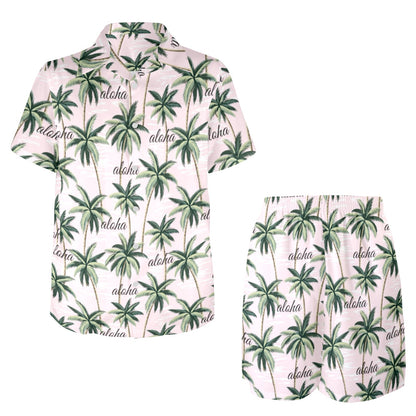 Aloha Beach Pattern Design Themed Print Men's Beach Shirt and Shorts Set