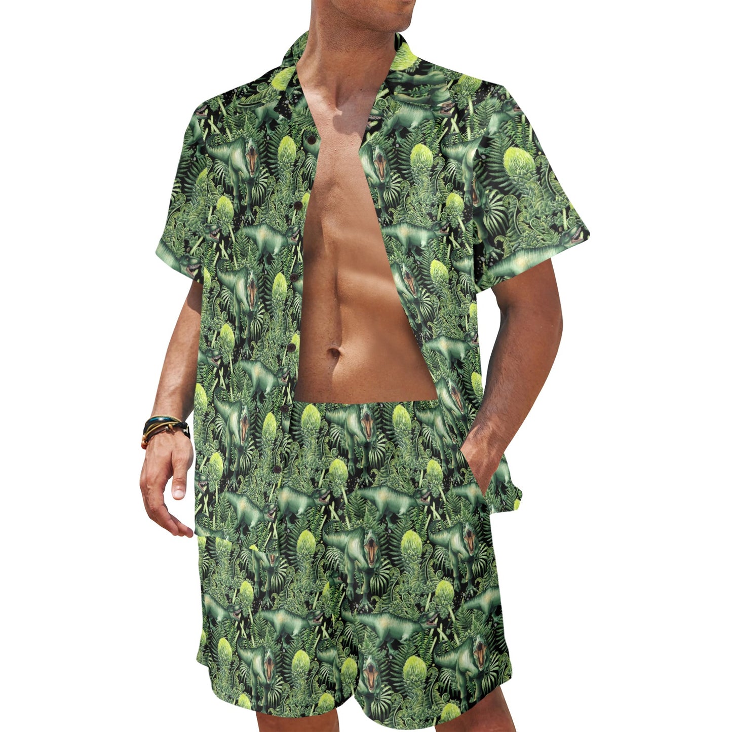 Dinosaur T Rex Print Pattern Men's Beach Shirt and Shorts Set
