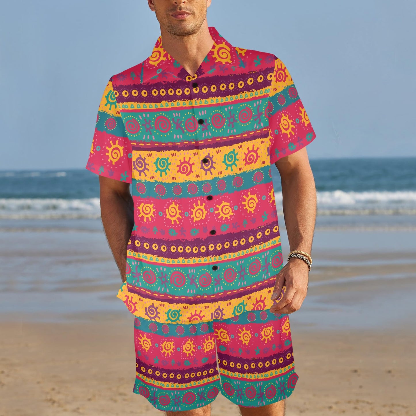 Ethnic Design Print Pattern JJ0134 Men's Beach Shirt and Shorts Set