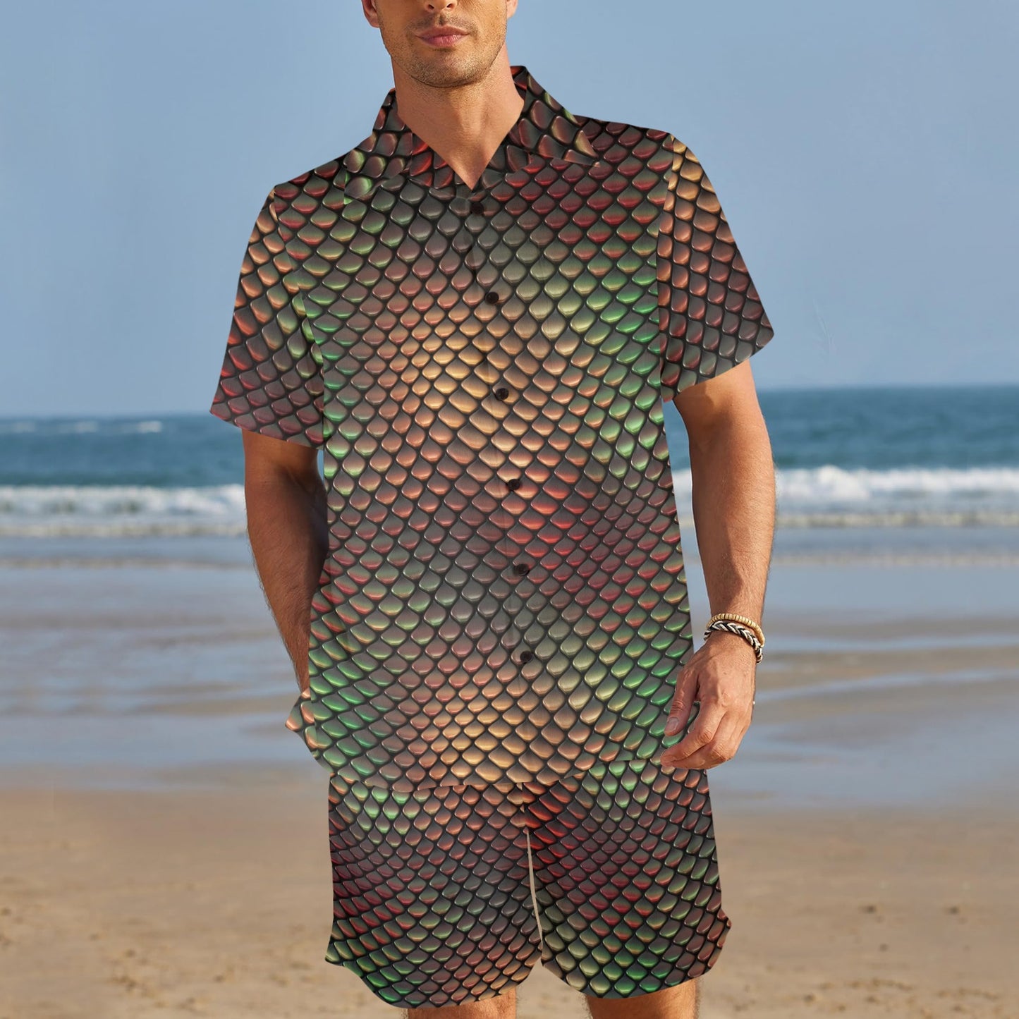 Snake Skin Colorful Print Men's Beach Shirt and Shorts Set