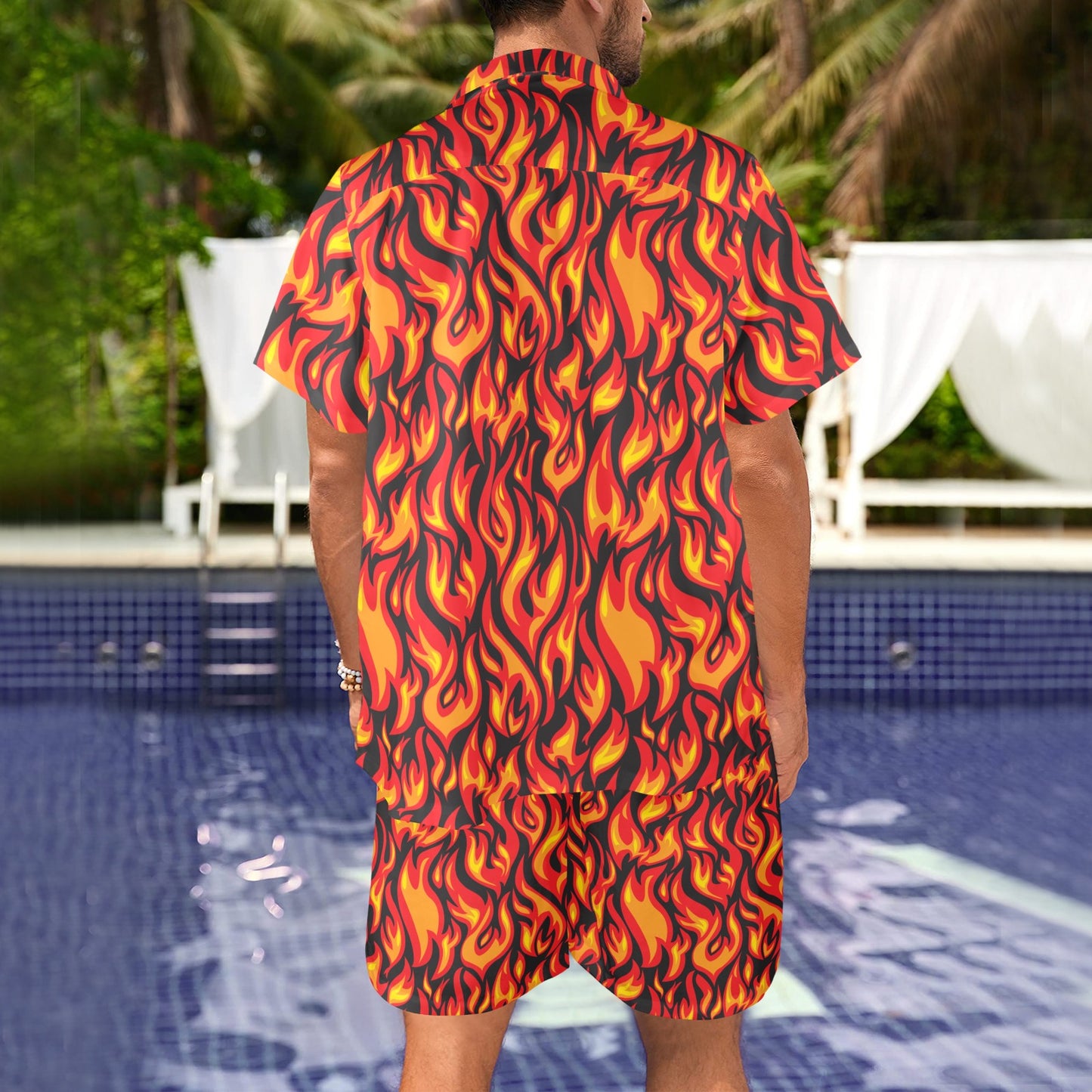 Flame Fire Print Pattern Men's Beach Shirt and Shorts Set