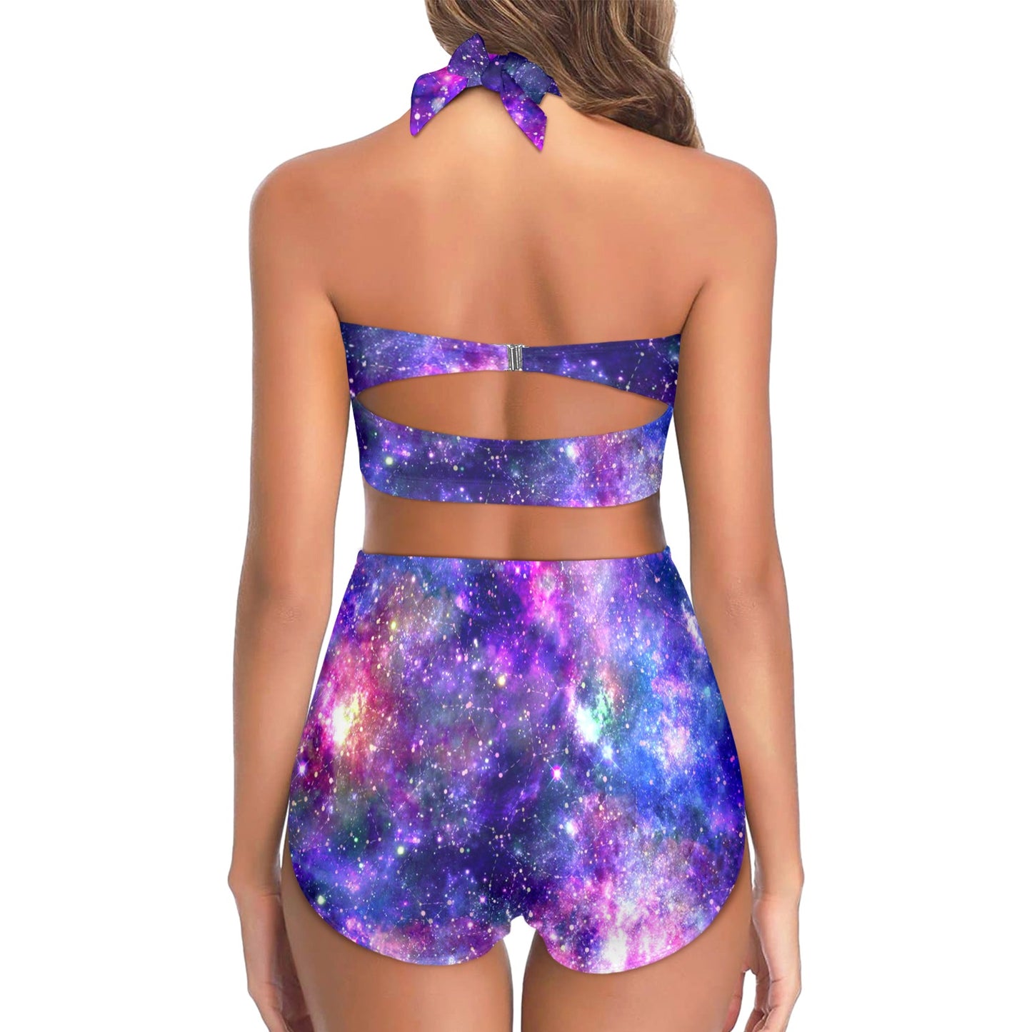 Galaxy Night Stardust Space Print Halter Neck Bikini Swimsuit
