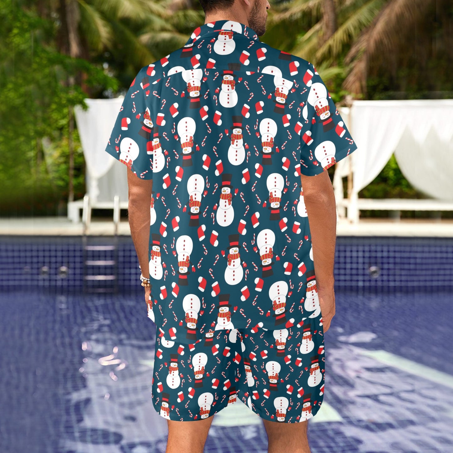 Snowman Print Design LKS301 Men's Beach Shirt and Shorts Set