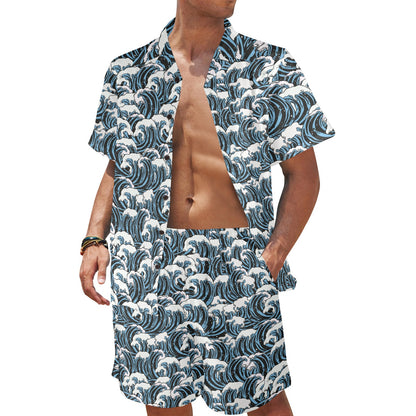 Surf Wave Pattern Print Men's Beach Shirt and Shorts Set