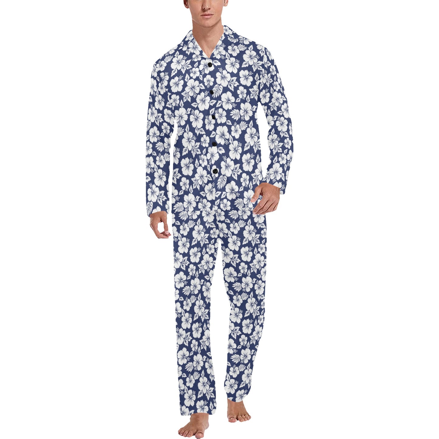 Hibiscus Blue Hawaiian Flower Style Men's Long Pajama Set