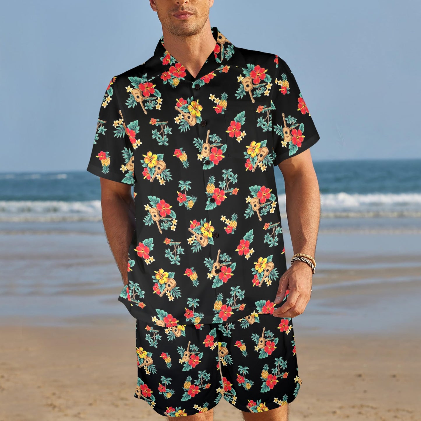 Hawaiian Flower Themed Print Men's Beach Shirt and Shorts Set