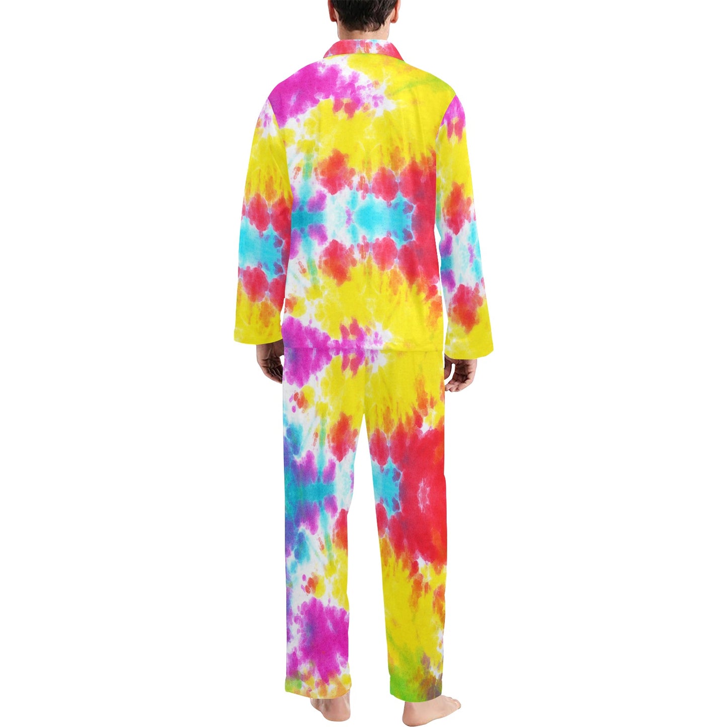 Tie Dye Rainbow Themed Print Men's Long Pajama Set