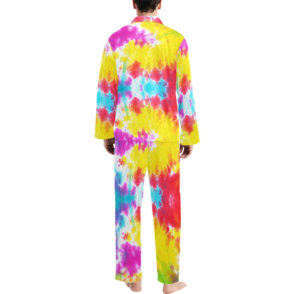 Tie Dye Rainbow Themed Print Men's Long Pajama Set
