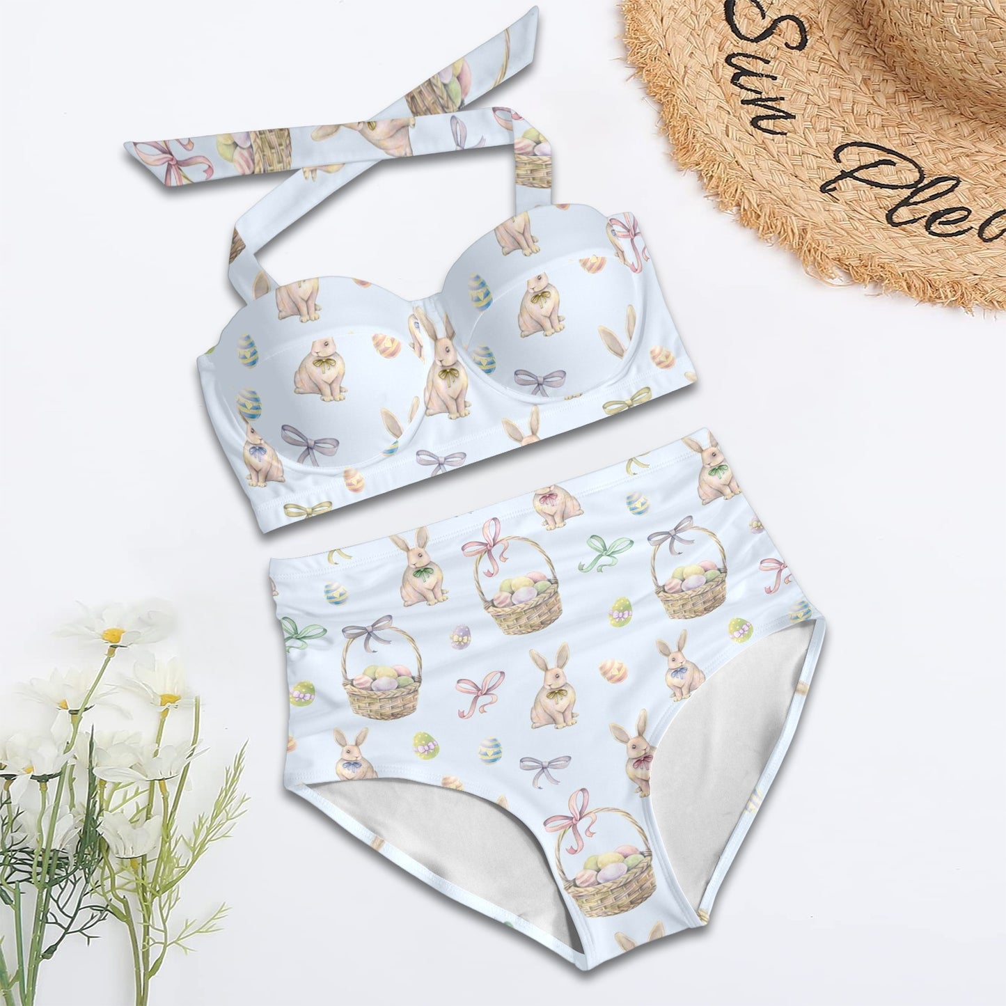 Rabbit Easter Eggs Pattern Print Design 03 Halter Neck Bikini Swimsuit