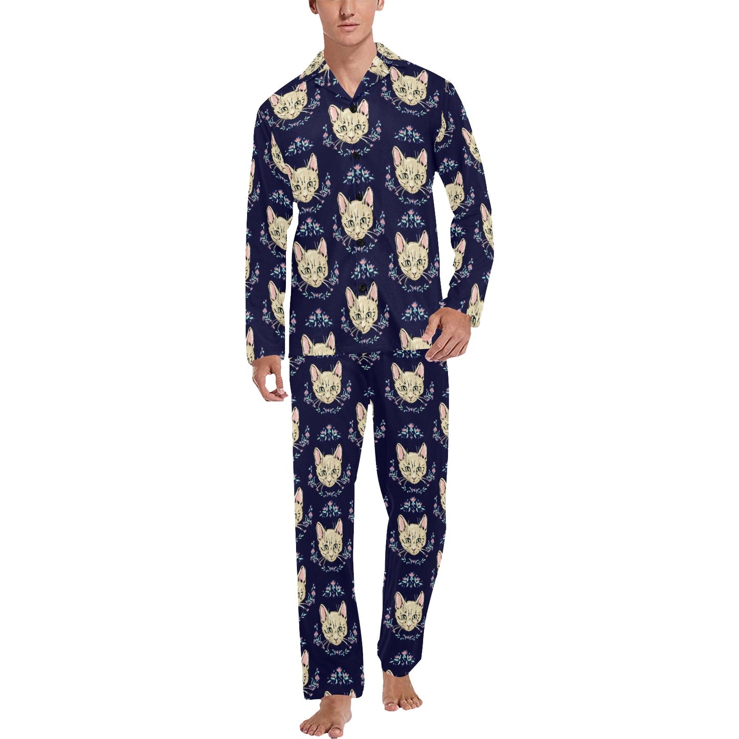 Cat Head with flower Print Pattern Men's Long Pajama Set