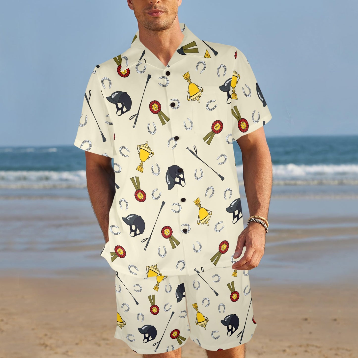Equestrian Horseshoe Equipment Men's Beach Shirt and Shorts Set
