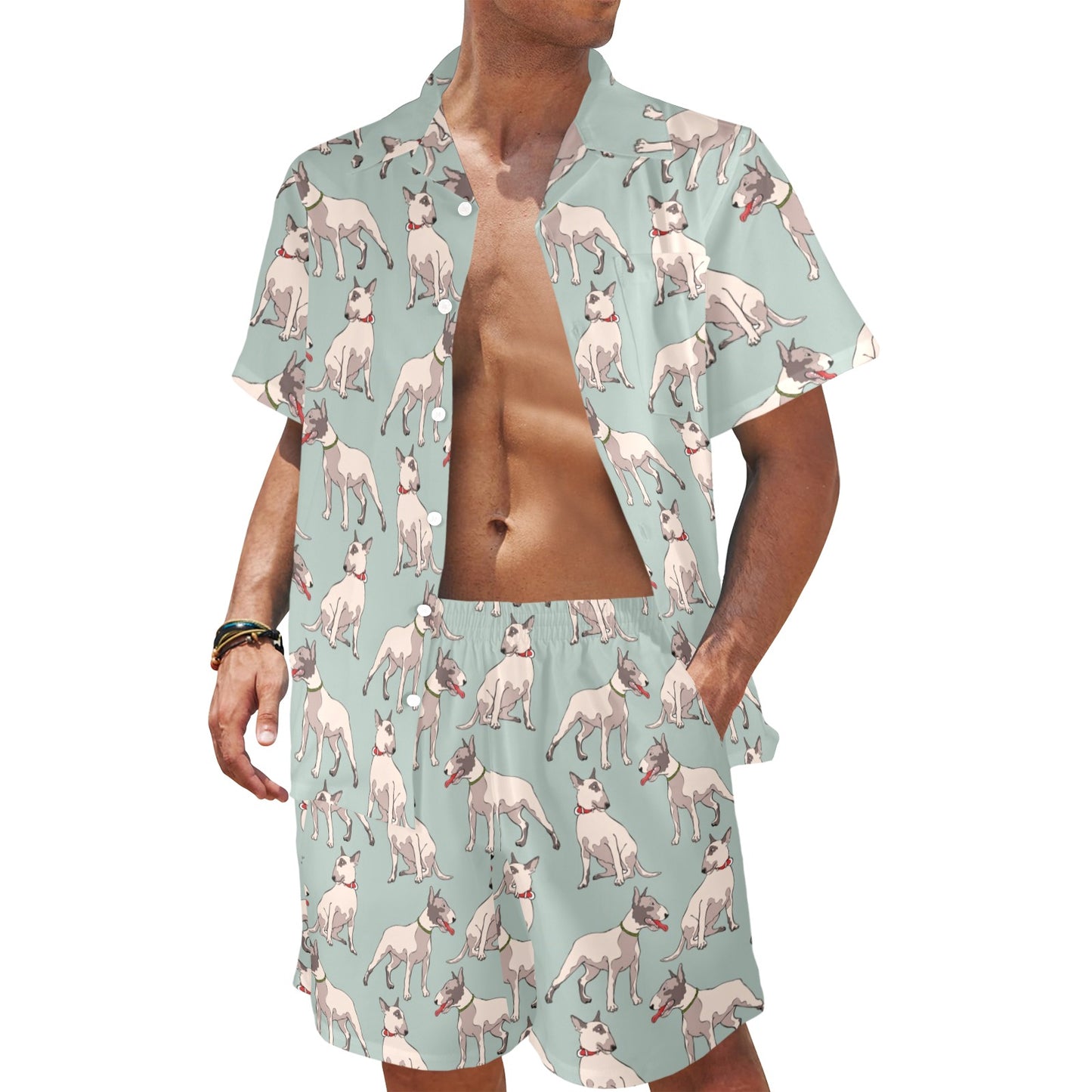 Bull Terrier Cute Print Pattern Men's Beach Shirt and Shorts Set