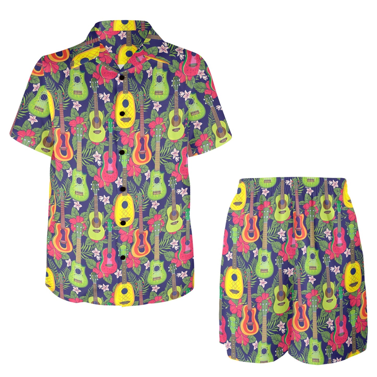 Ukulele Tropical Pattern Print Design 03 Men's Beach Shirt and Shorts Set