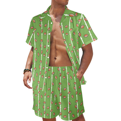 American Football on Field Themed Print Men's Beach Shirt and Shorts Set