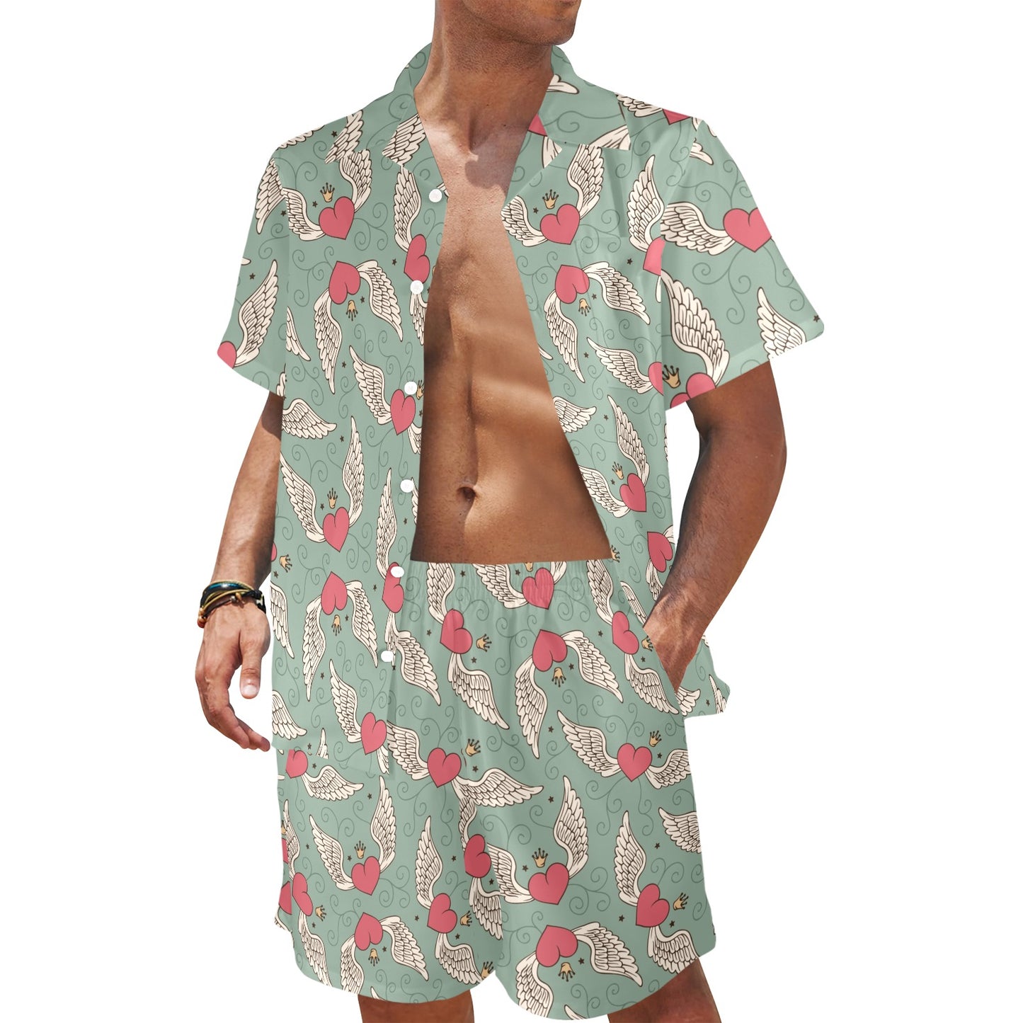 Angel Wings Heart Design Themed Print Men's Beach Shirt and Shorts Set