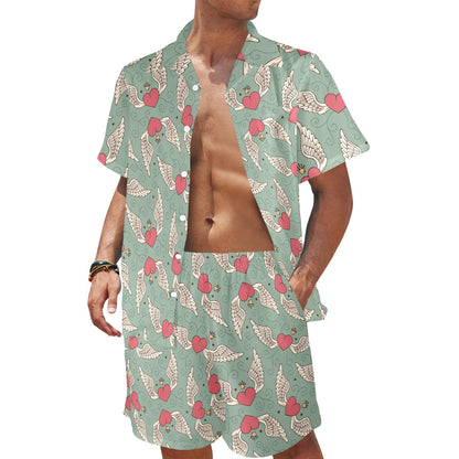 Angel Wings Heart Design Themed Print Men's Beach Shirt and Shorts Set