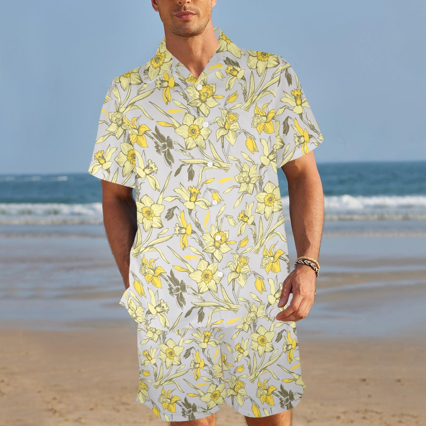 Daffodils Pattern Print Design DF05 Men's Beach Shirt and Shorts Set