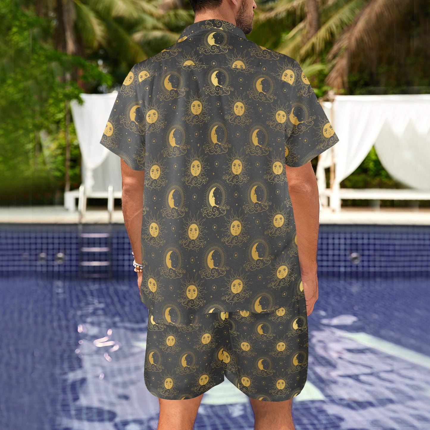 Celestial Moon Sun Pattern Print Design 05 Men's Beach Shirt and Shorts Set