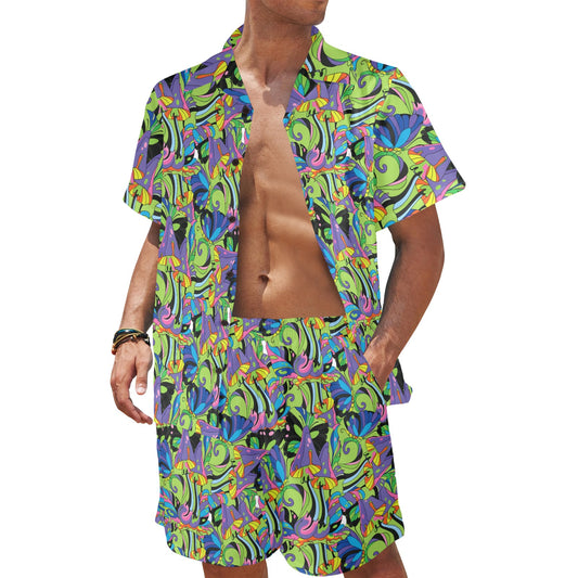 Psychedelic Trippy Mushroom Themed Men's Beach Shirt and Shorts Set