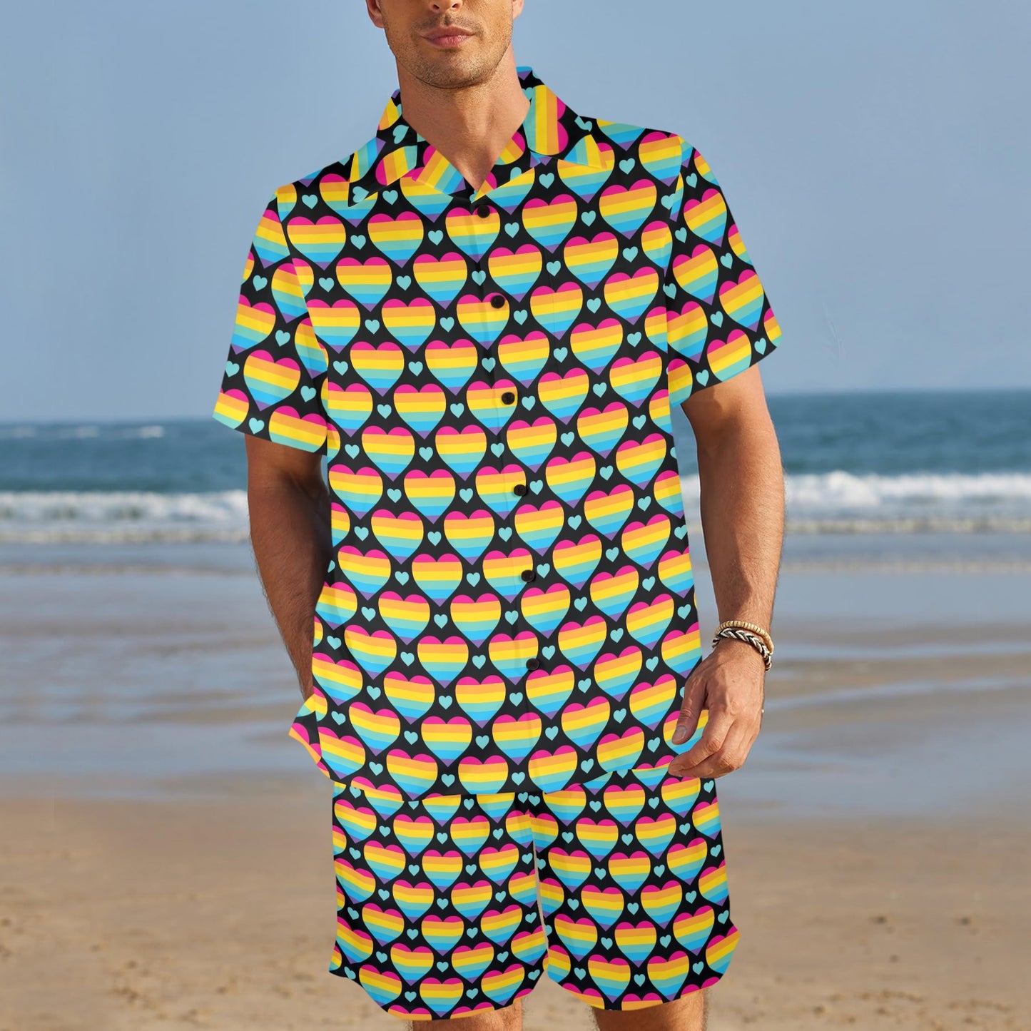 Rainbow Heart Print Pattern Men's Beach Shirt and Shorts Set