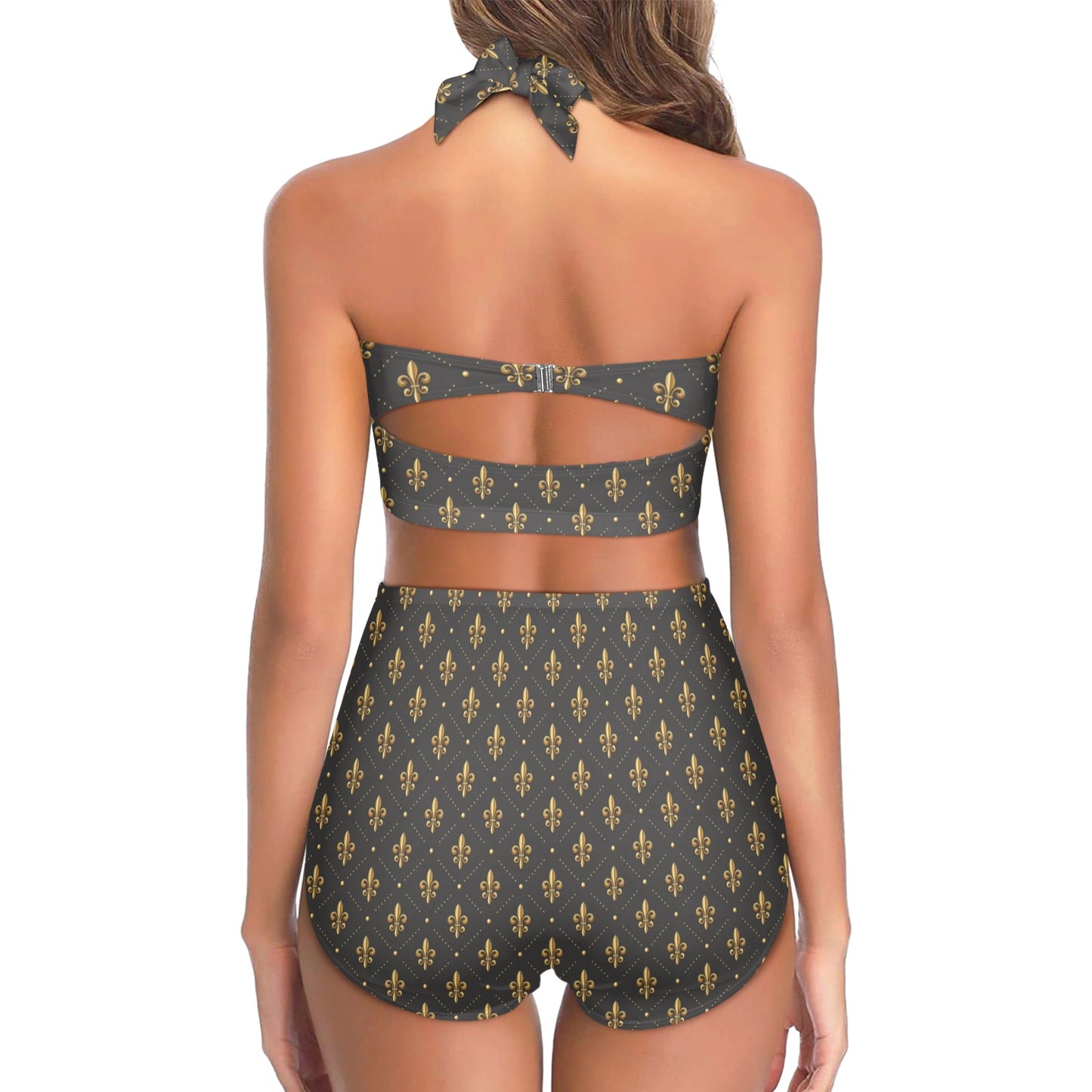 Fleur De Lis Print Design LKS402 Halter Neck Bikini Swimsuit