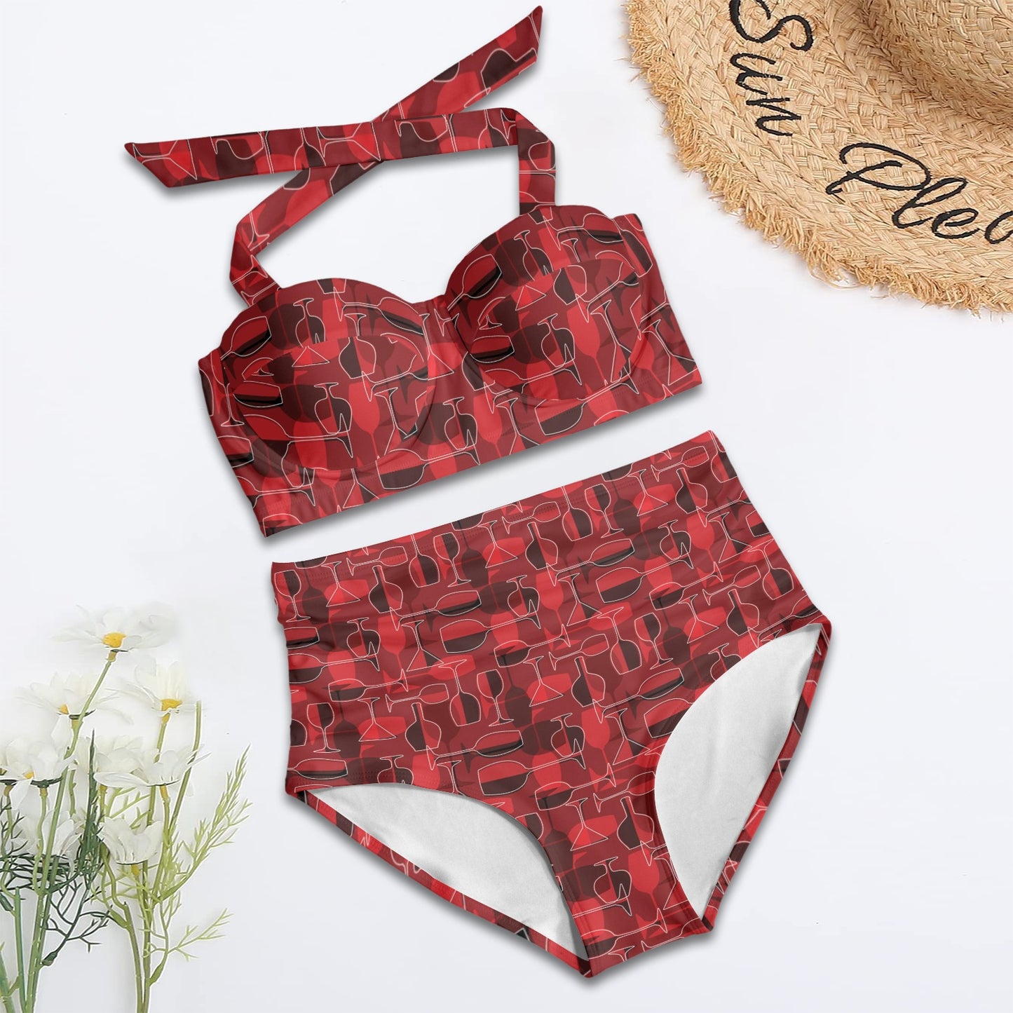 Wine Glass Print Design LKS301 Halter Neck Bikini Swimsuit