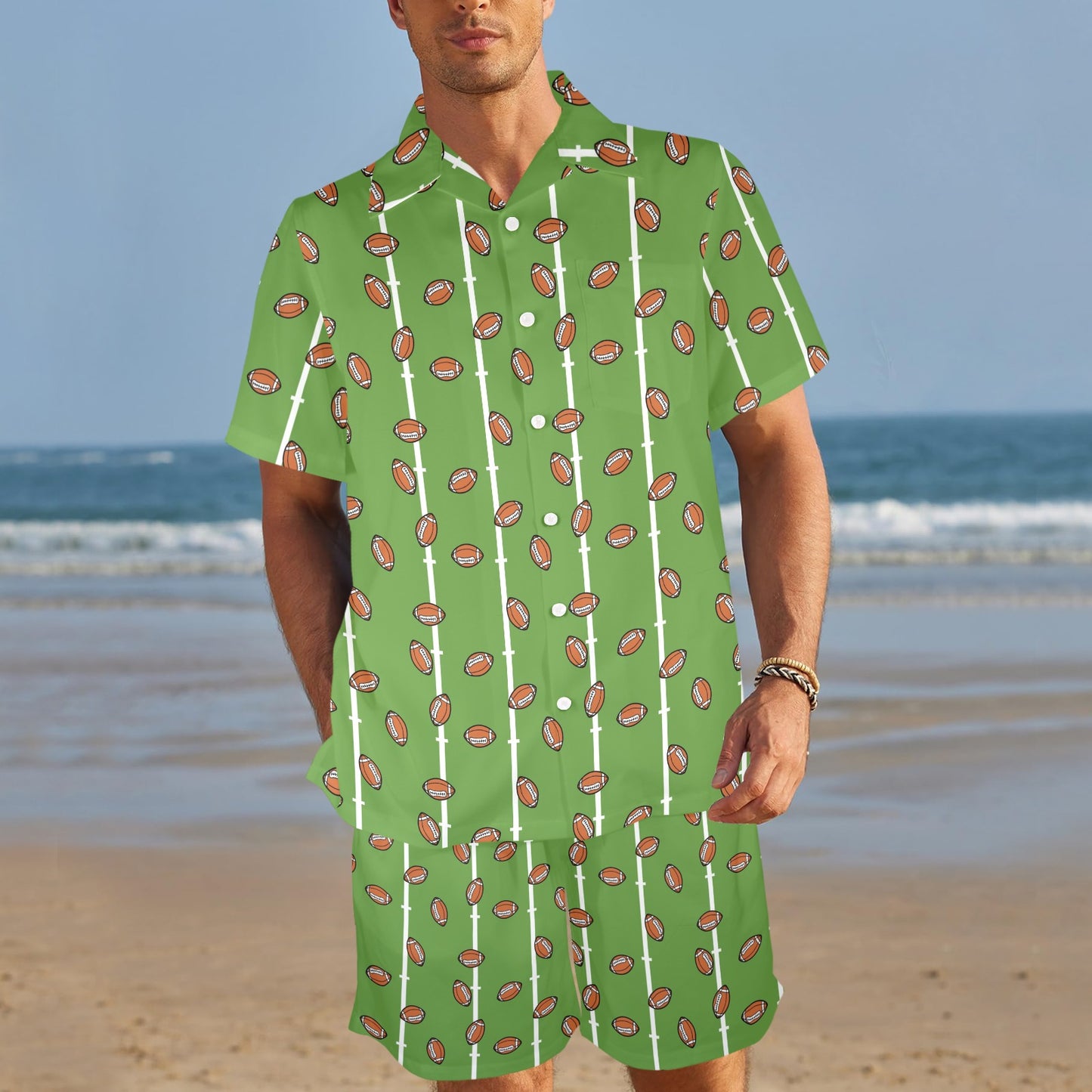 American Football on Field Themed Print Men's Beach Shirt and Shorts Set