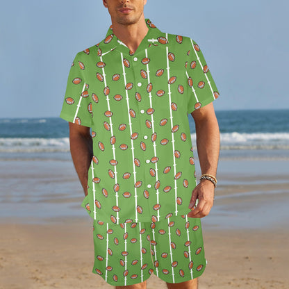 American Football on Field Themed Print Men's Beach Shirt and Shorts Set