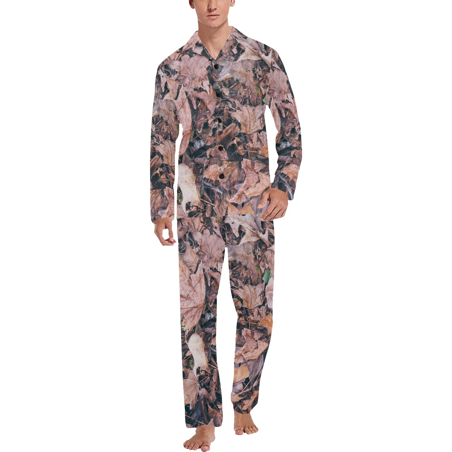 Camouflage Realistic Tree Leaf Print Men's Long Pajama Set