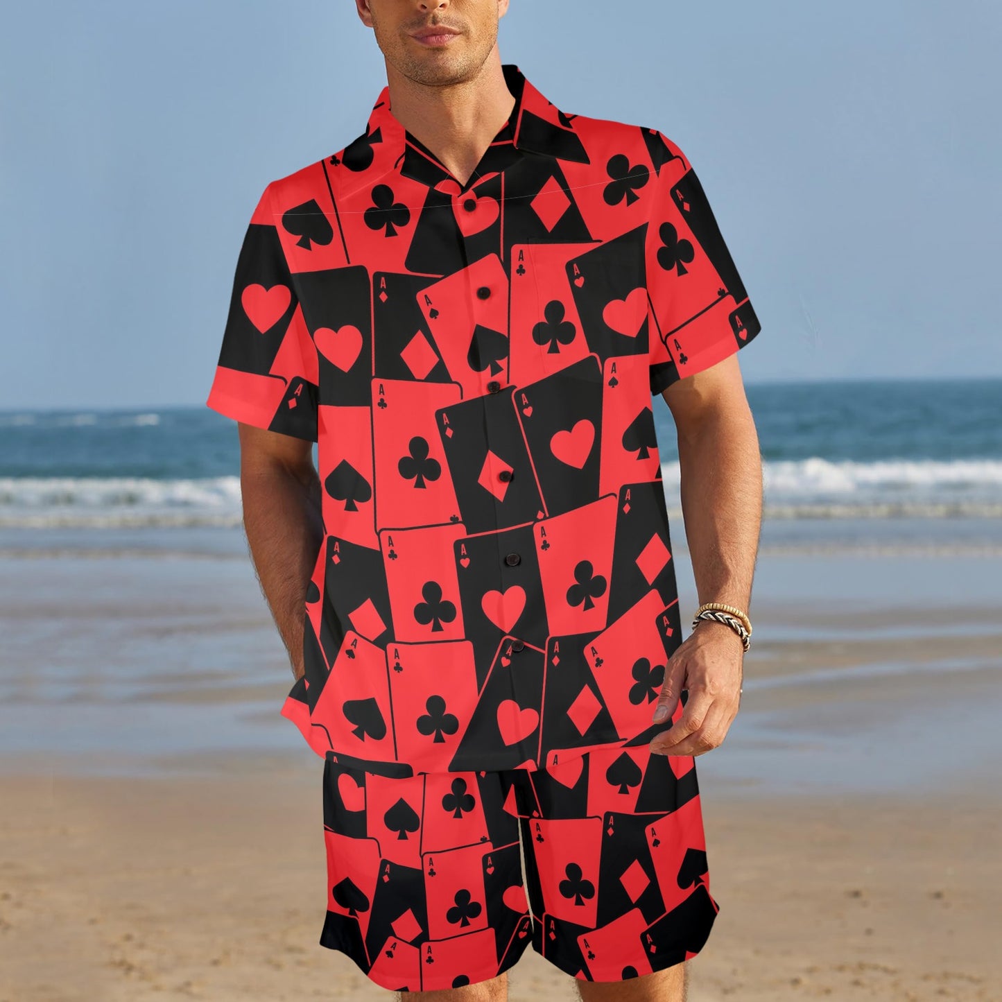 Poker Cards Pattern Print Design A01 Men's Beach Shirt and Shorts Set