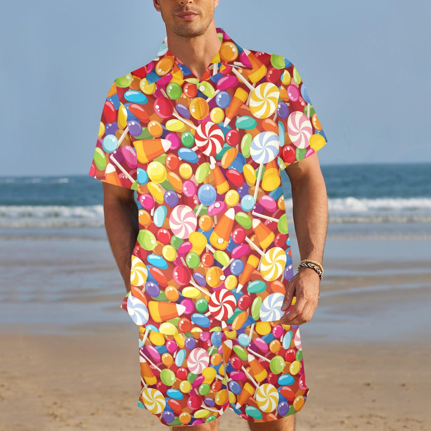 Candy Pattern Print Design 02 Men's Beach Shirt and Shorts Set