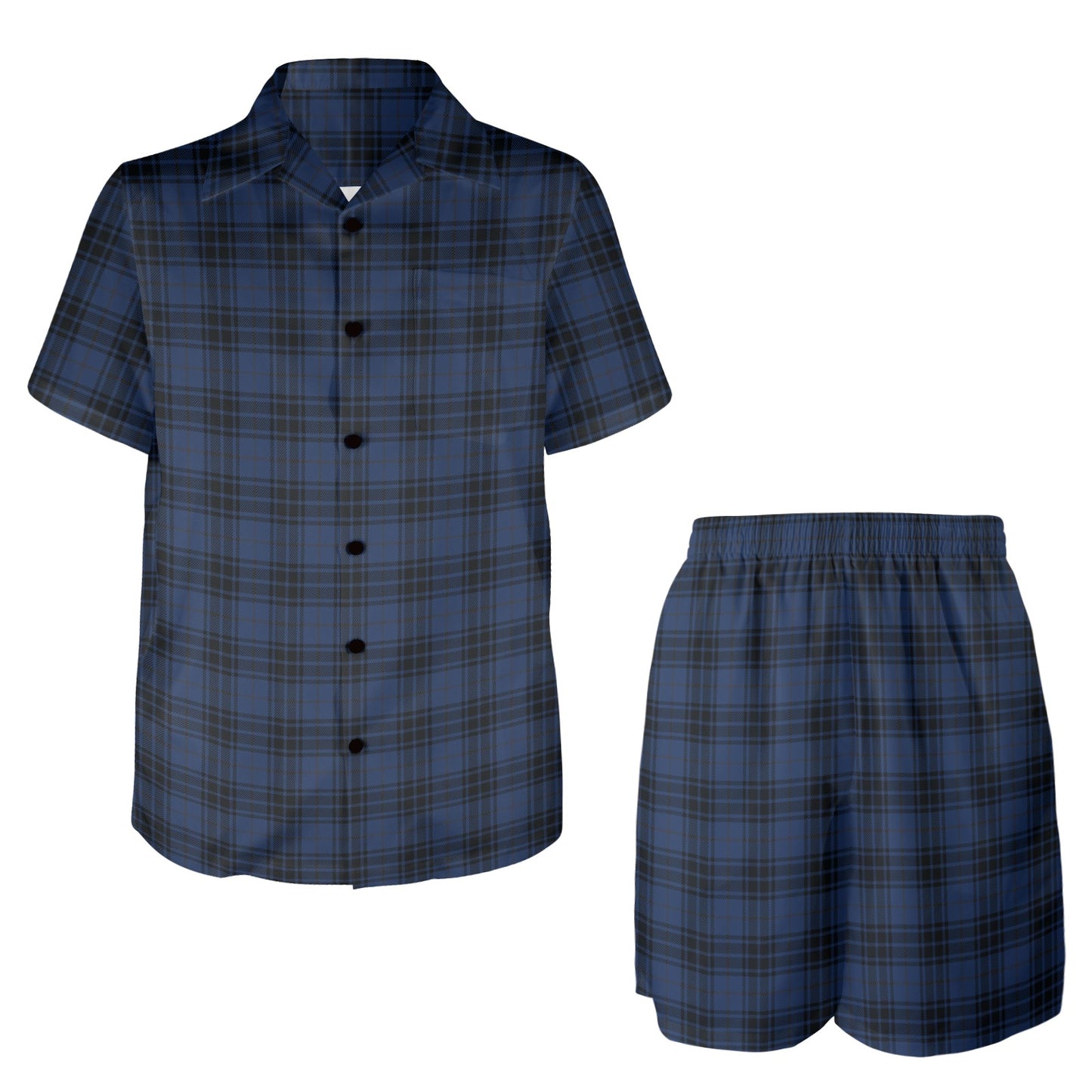 Navy Blue Tartan Plaid Pattern Men's Beach Shirt and Shorts Set