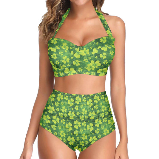 Shamrock Clover Print Halter Neck Bikini Swimsuit