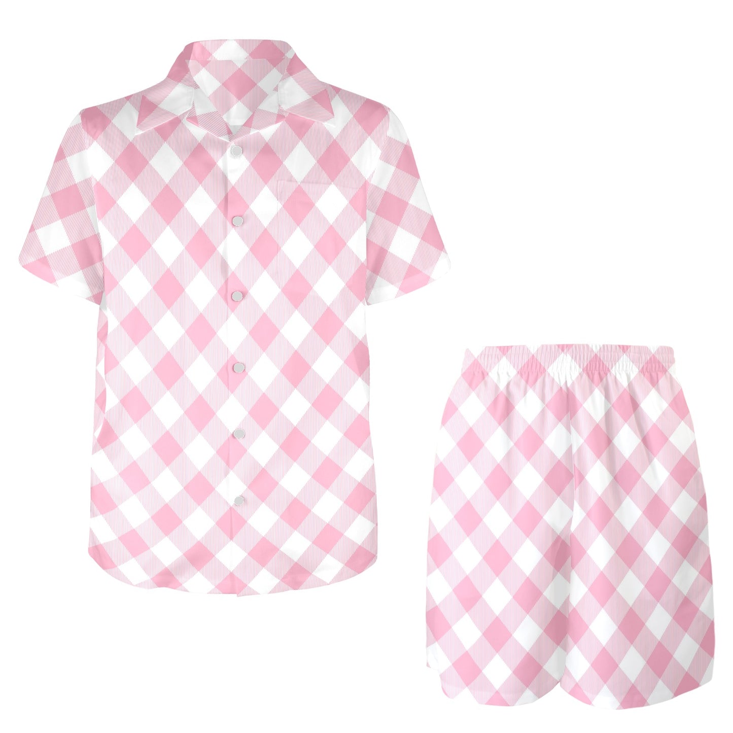 Gingham Pink Pattern Print Design 02 Men's Beach Shirt and Shorts Set