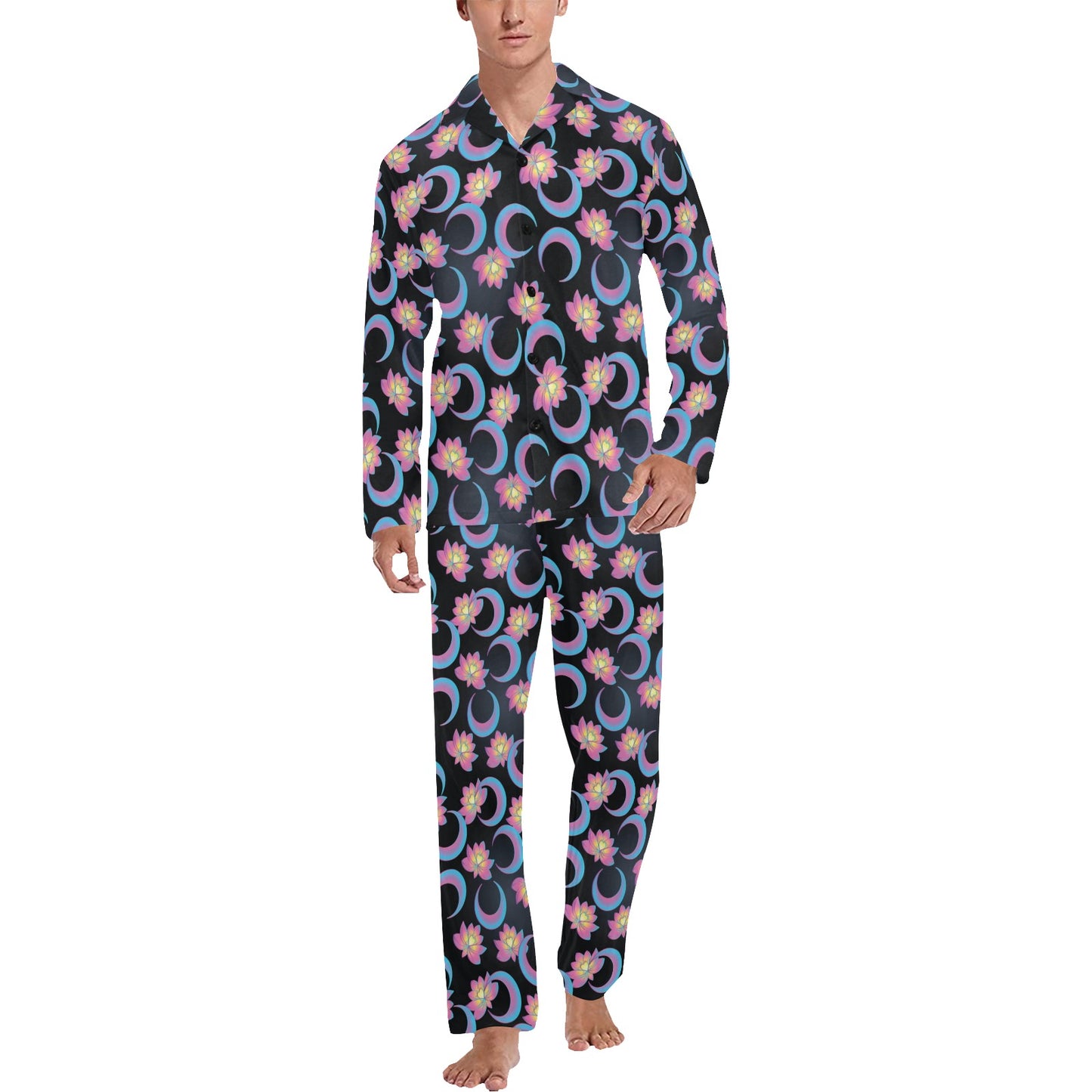 Lotus with Moon Pink Print Themed Men's Long Pajama Set