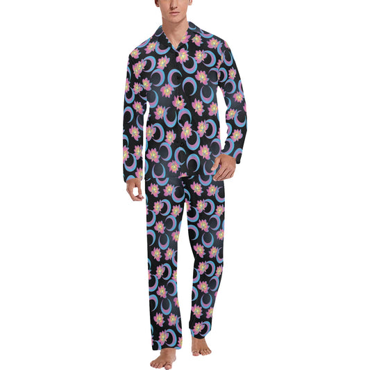Lotus with Moon Pink Print Themed Men's Long Pajama Set
