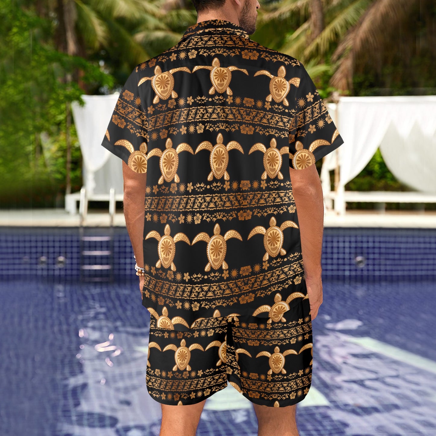 Tribal Sea turtle Polynesian Hawaiian Men's Beach Shirt and Shorts Set