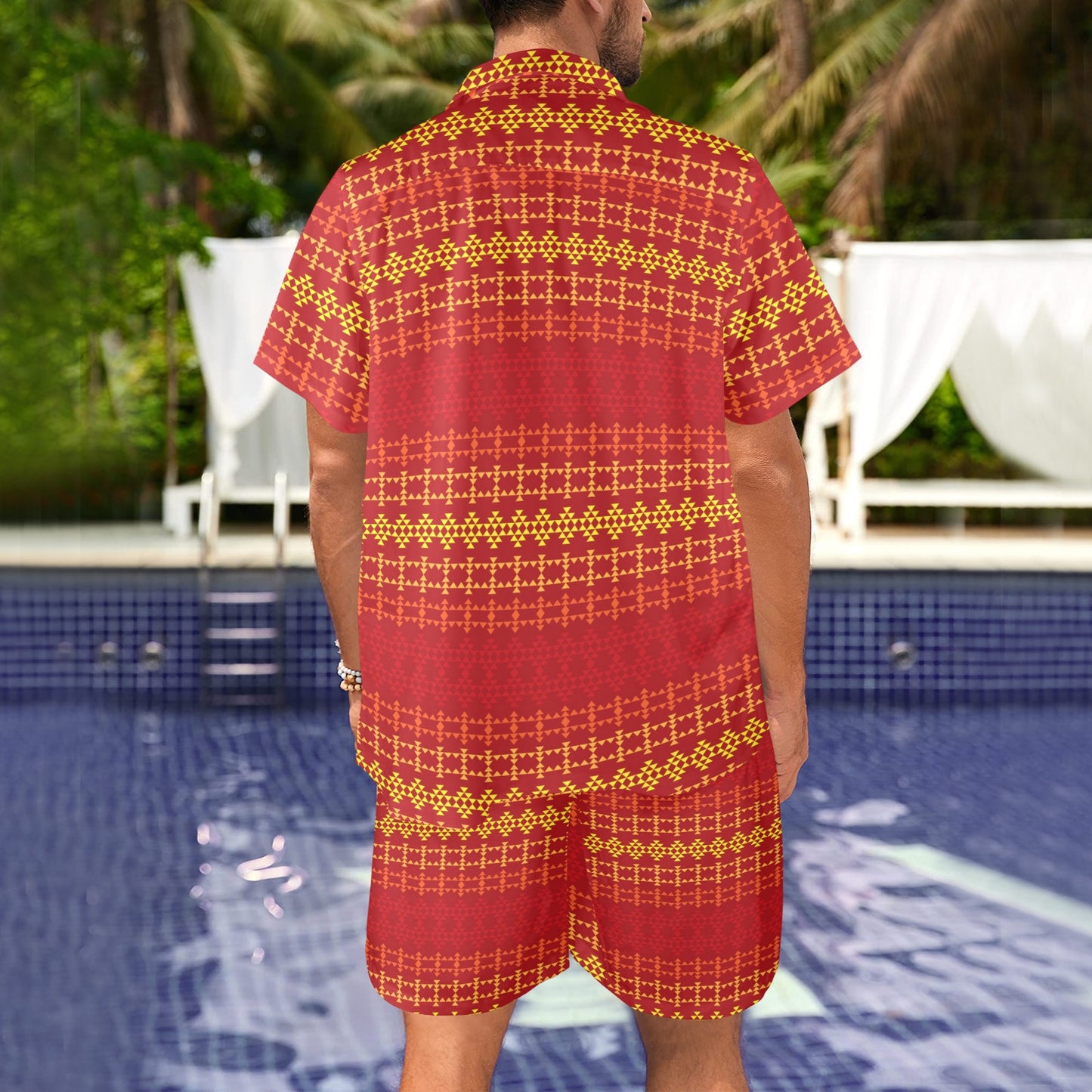 Southwest Red Gold Design Themed Print Men's Beach Shirt and Shorts Set