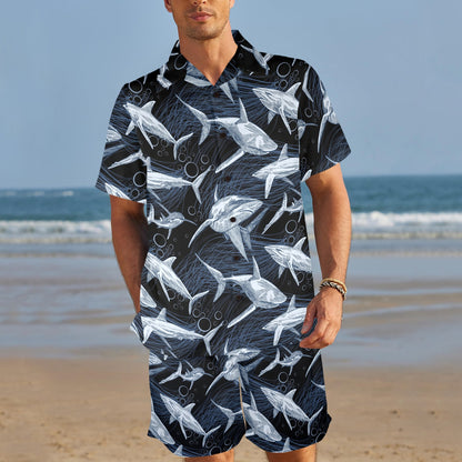 Shark Print Pattern Men's Beach Shirt and Shorts Set