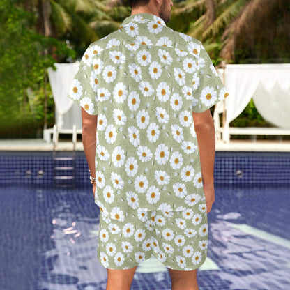 Daisy Yellow Print Pattern Men's Beach Shirt and Shorts Set