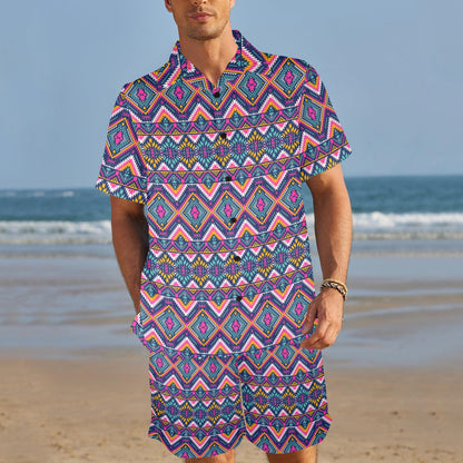Indian Navajo Pink Themed Design Print Men's Beach Shirt and Shorts Set