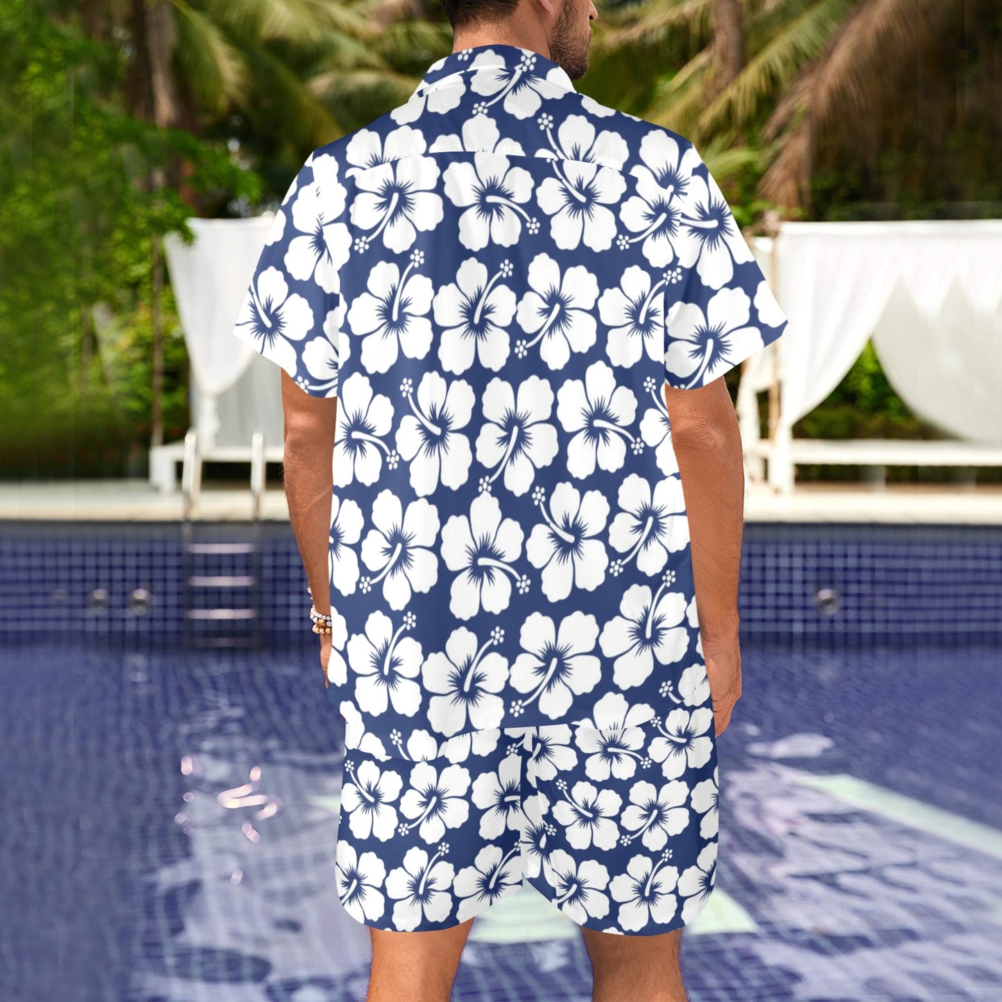 Hibiscus Blue Hawaiian Flower Pattern Men's Beach Shirt and Shorts Set