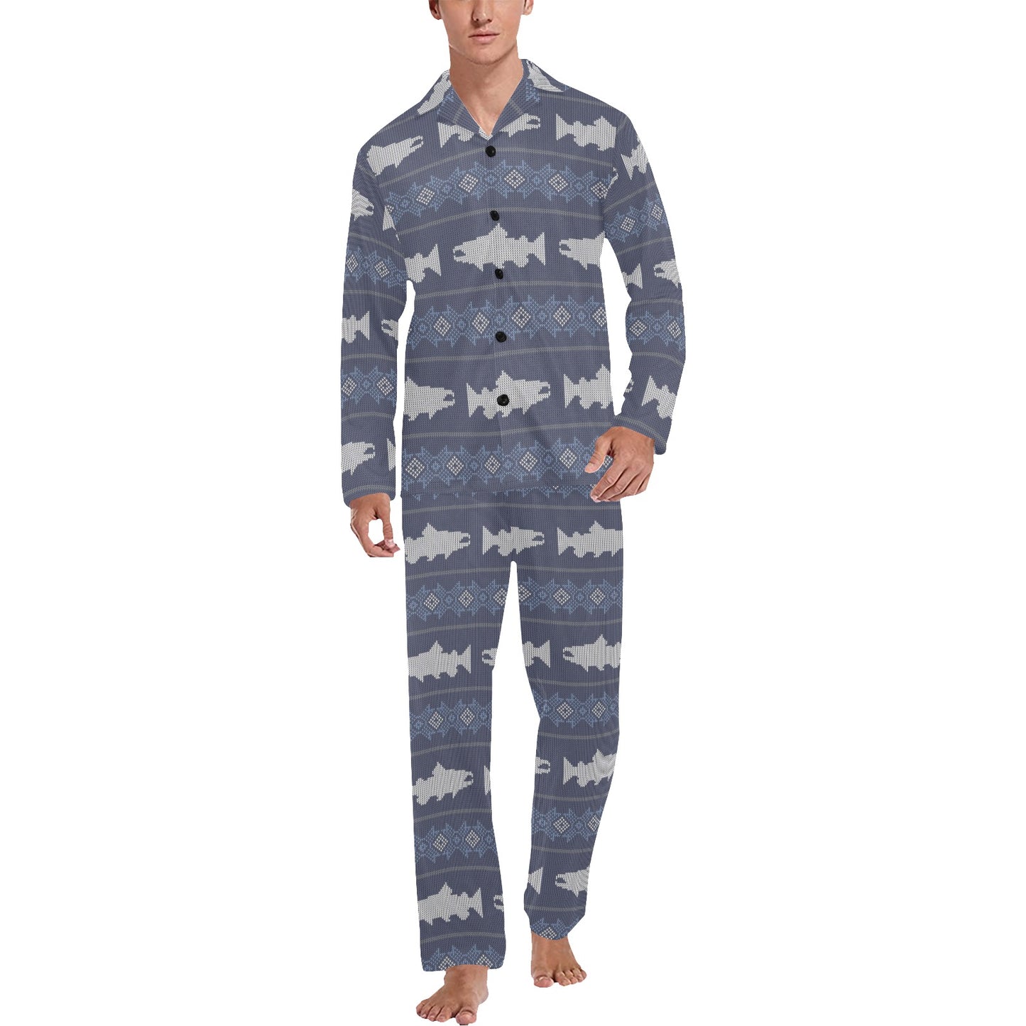 Salmon Fish Knit Style Print Design LKS304 Men's Long Pajama Set