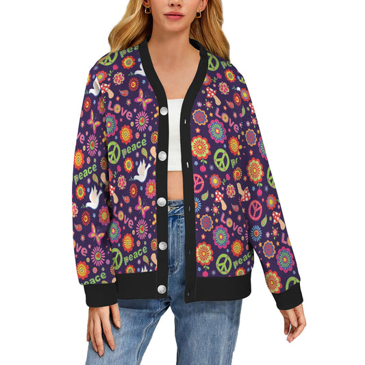 Flower Power Peace Design Print Women's Cardigan