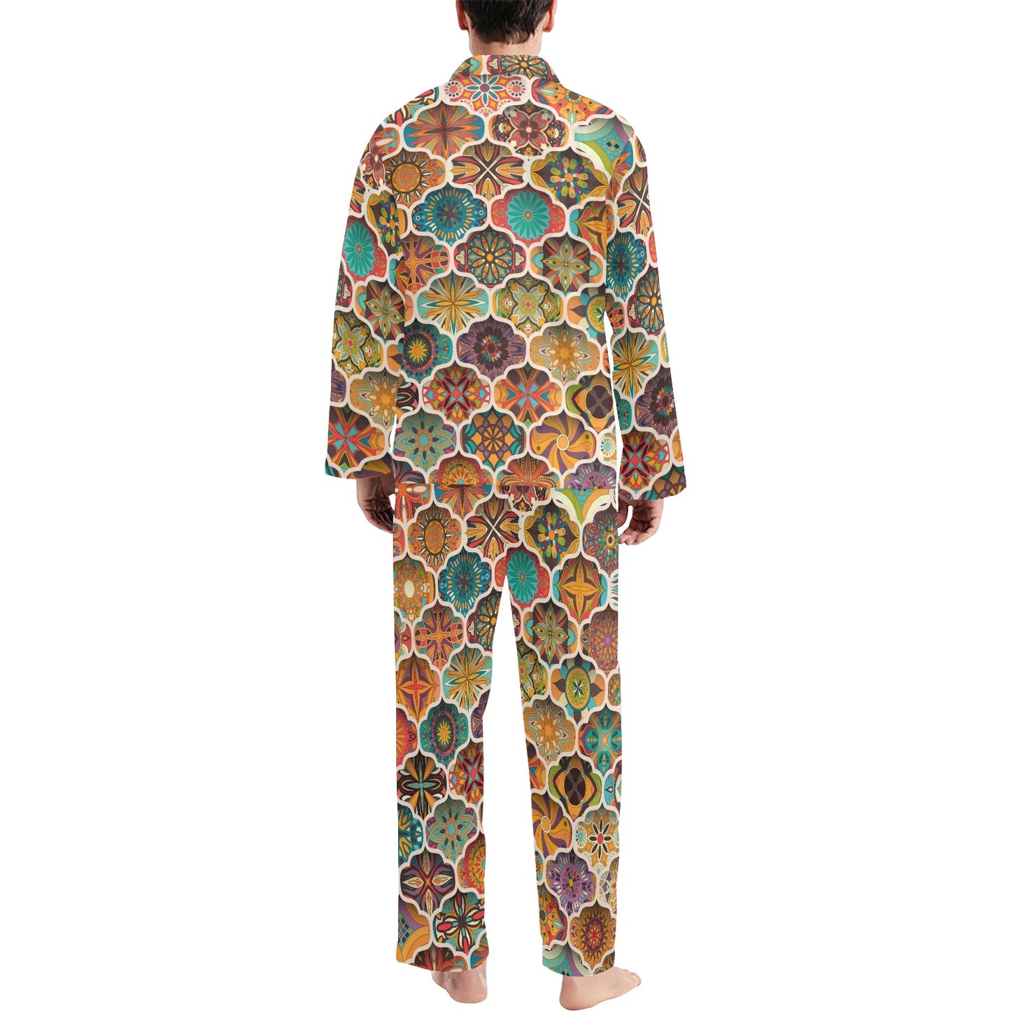 Mandala Mosaic Themed Design Print Men's Long Pajama Set