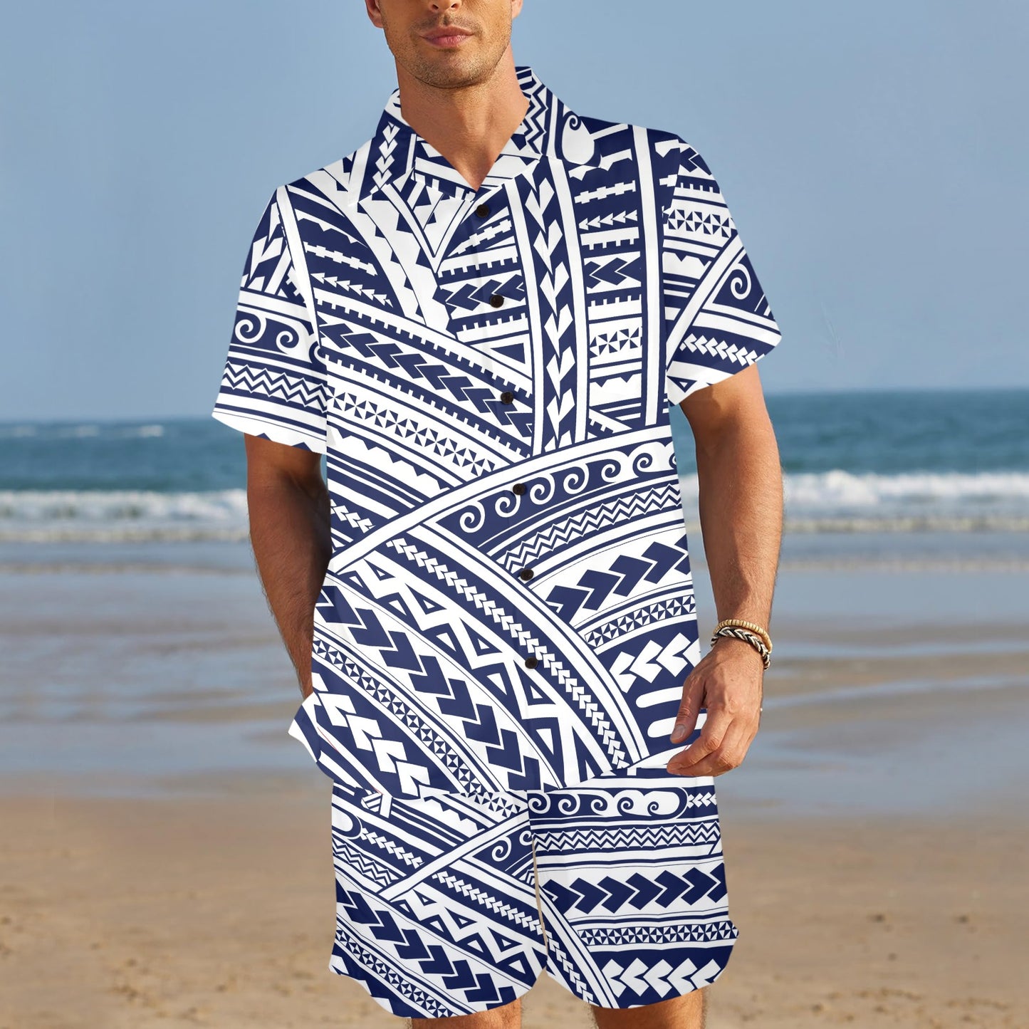 Polynesian Tribal Circle Round beach Blanket Men's Beach Shirt and Shorts Set