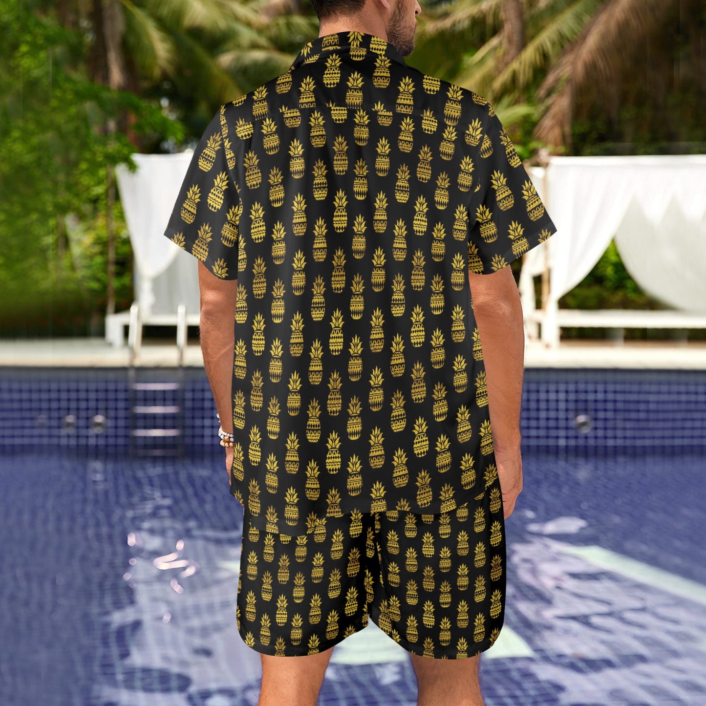 Pineapple Gold Tribal Style Print Men's Beach Shirt and Shorts Set