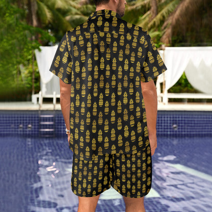 Pineapple Gold Tribal Style Print Men's Beach Shirt and Shorts Set