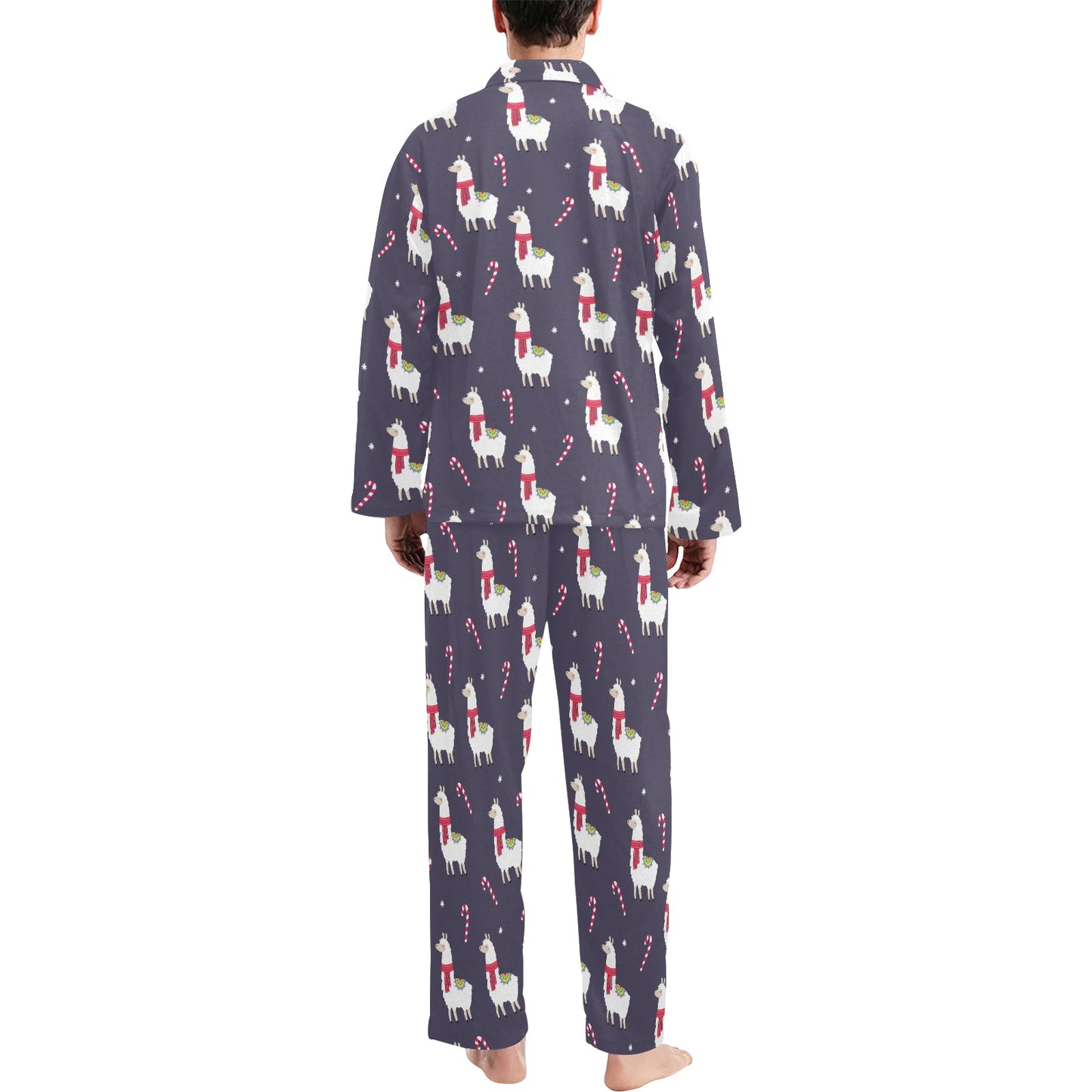 Llama with Candy Cane Themed Print Men's Long Pajama Set